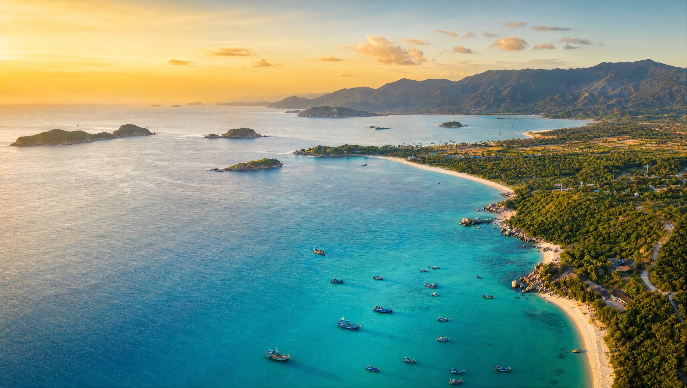 Aerial view of Cam Ranh Bay at golden hour